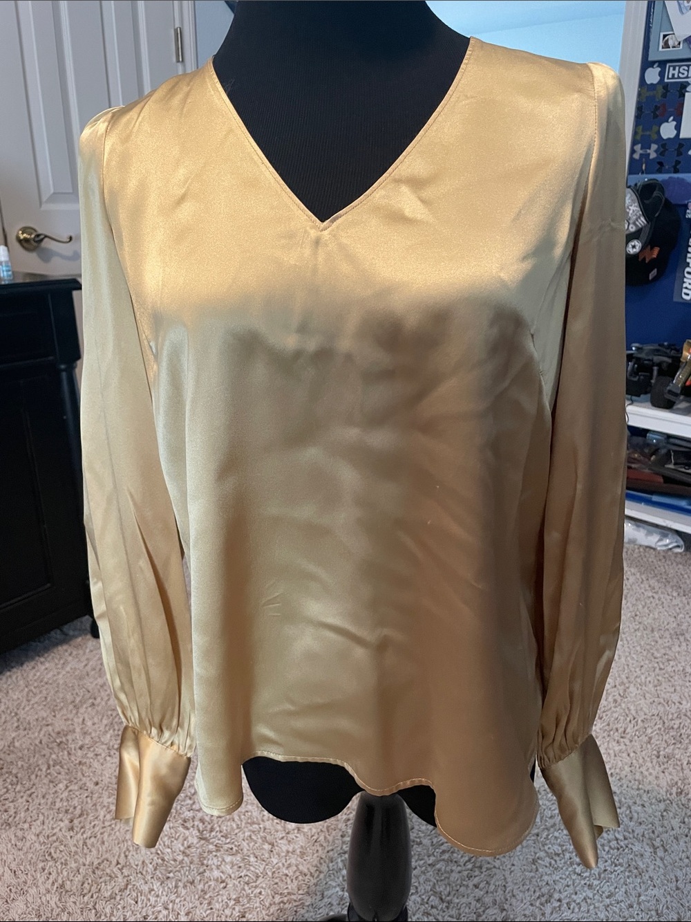 Gold Satin V-Neck Long Sleeve Women's Top
